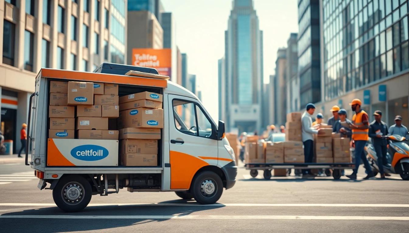 Delivering packages efficiently with a nationwide courier service on a busy city street.