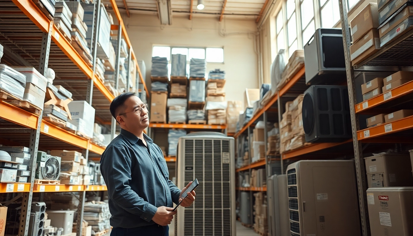 Trane parts dealer assessing equipment in a spacious, organized warehouse filled with HVAC parts.