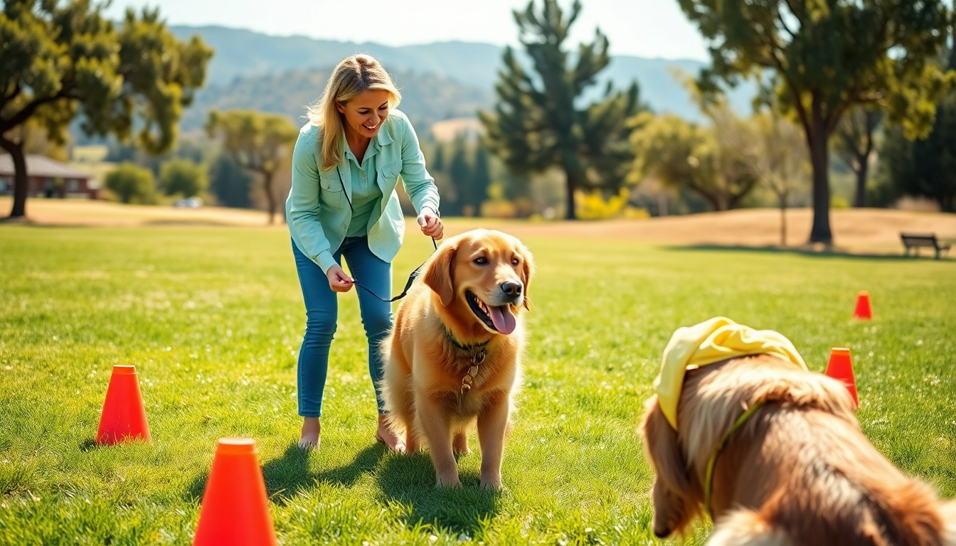 Dog Training Irvine session with a professional dog trainer working with a Golden Retriever.