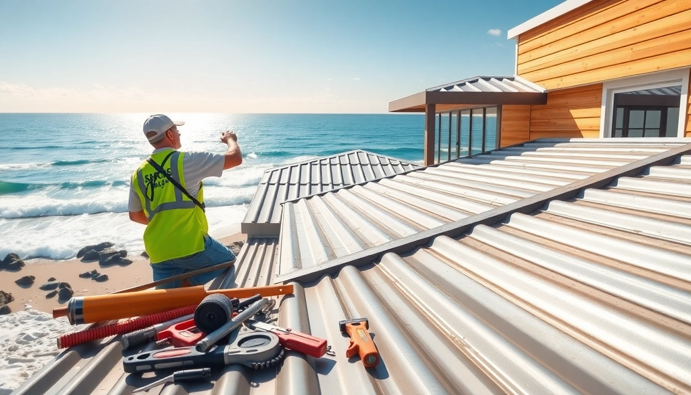 Showcasing a roofer working on coastal metal roofing, highlighting vibrant colors and sunny seaside ambiance.