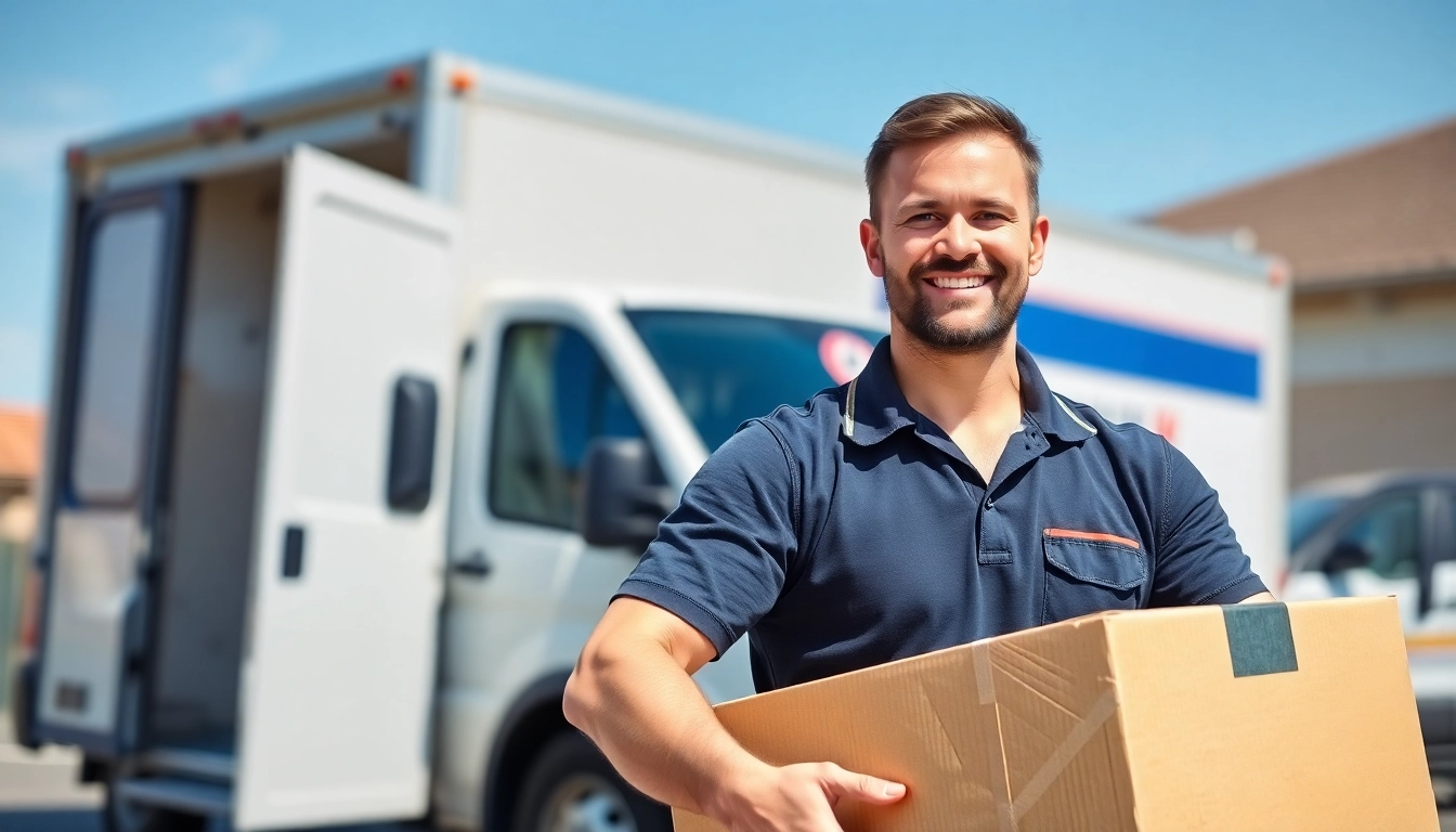 Efficient man and van Moving service showcasing a professional mover with a van and moving boxes.