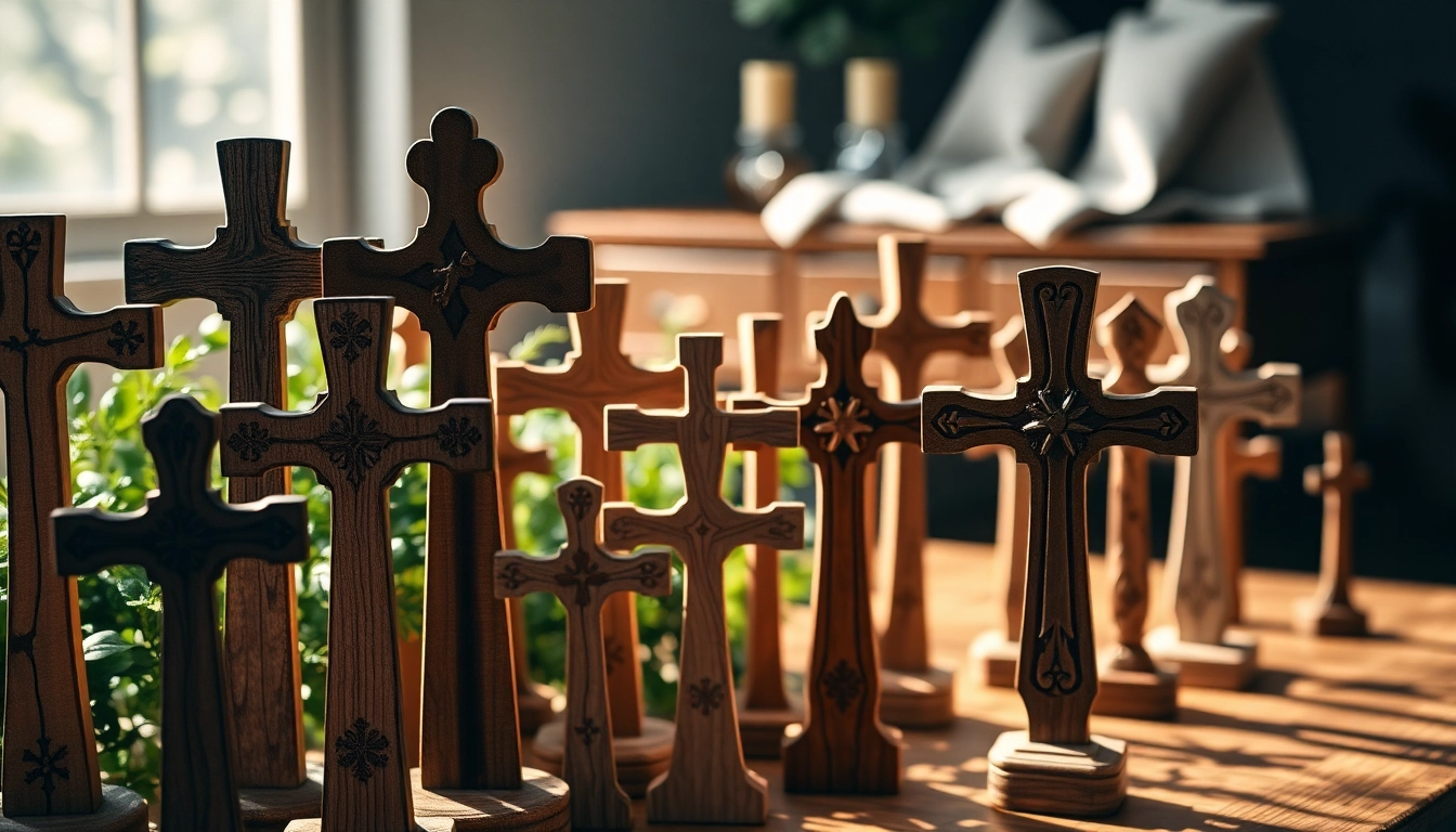 Handmade crosses displayed beautifully against a serene backdrop, showcasing their intricate designs.