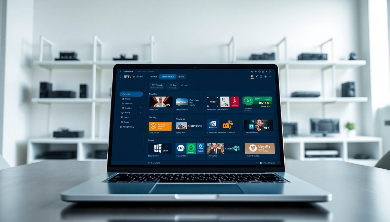 View a vibrant IPTV Reseller Panel interface on a sleek laptop in a modern office setting.