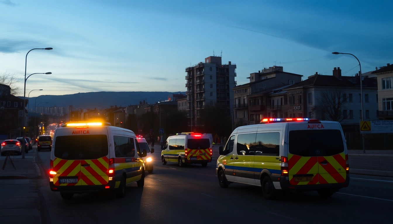 Düzce haber son dakika: Emergency vehicles and a traffic accident scene in a busy cityscape.