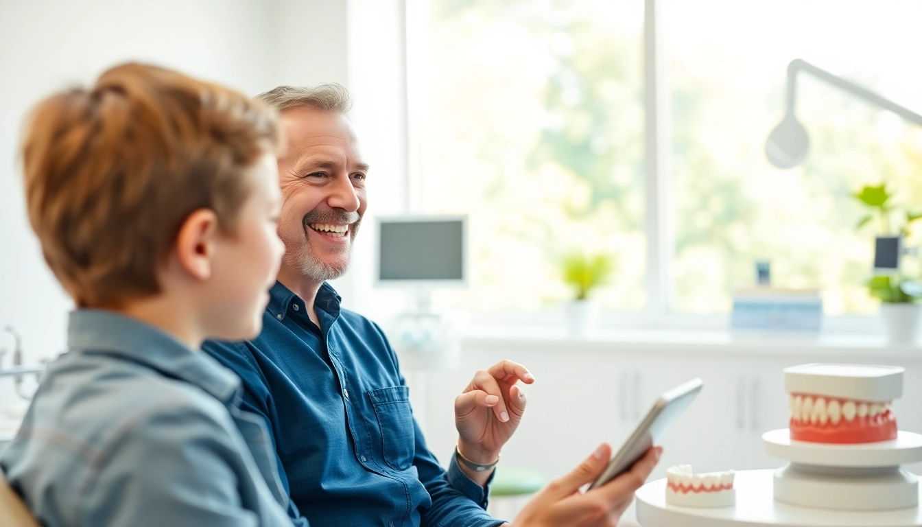 Orthodontics consultation at a modern clinic with a friendly orthodontist assisting a young patient.