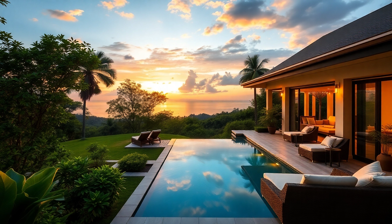 View luxurious villas in Phuket real estate with stunning sunset and garden features.