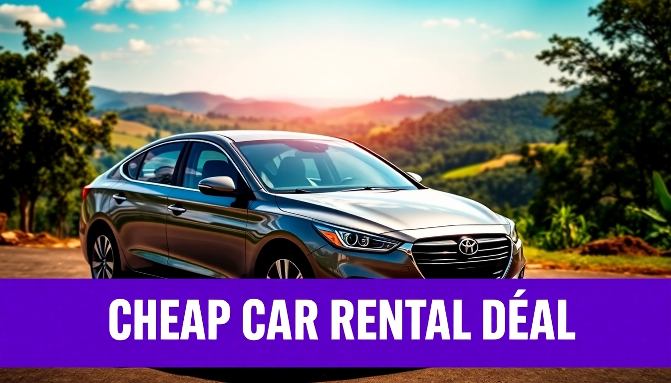 Capture cheap car rental deals with a sleek car set against a beautiful Ugandan landscape, inviting adventure.