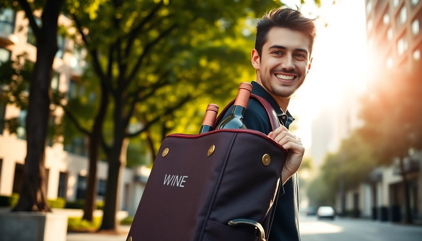 Wine delivery in Toronto featuring a delivery person with a stylish bag in a sunny urban landscape.