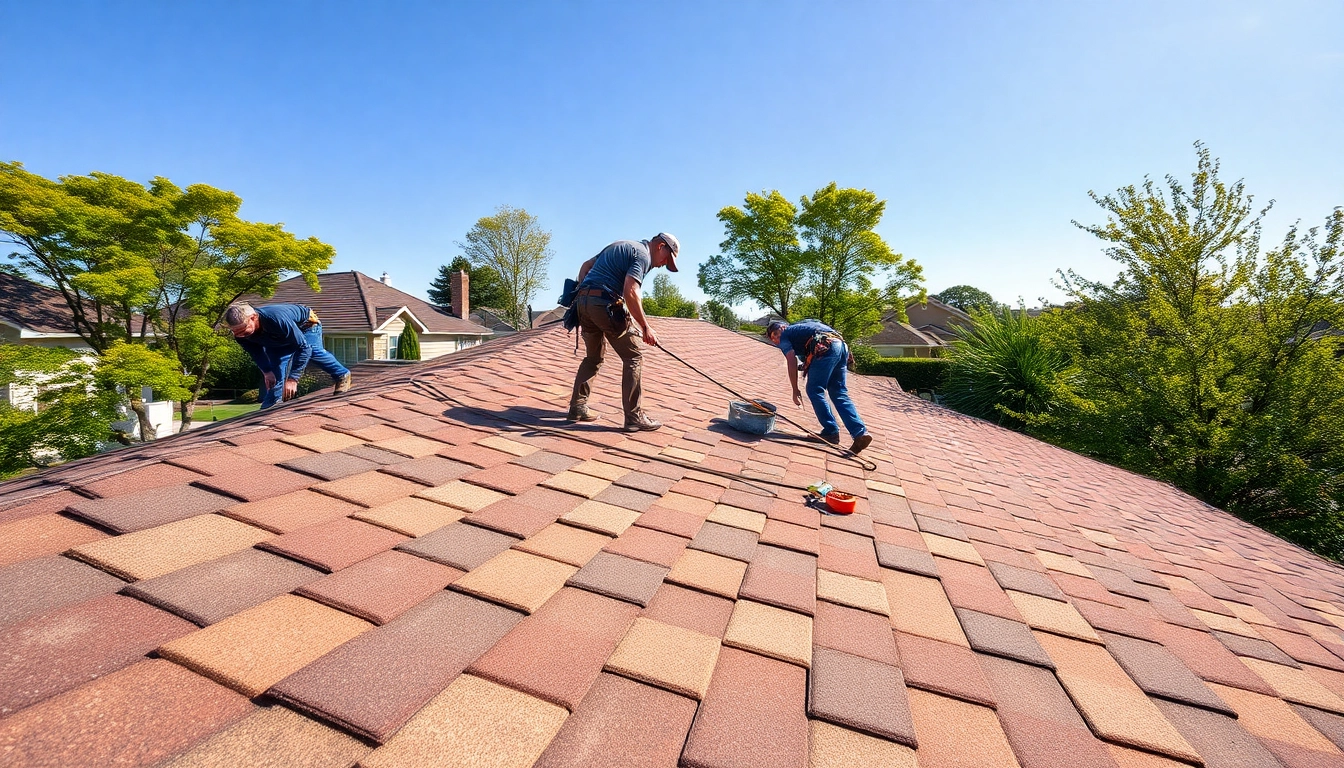 Executing residential roof replacement with a team installing new shingles on a suburban home.