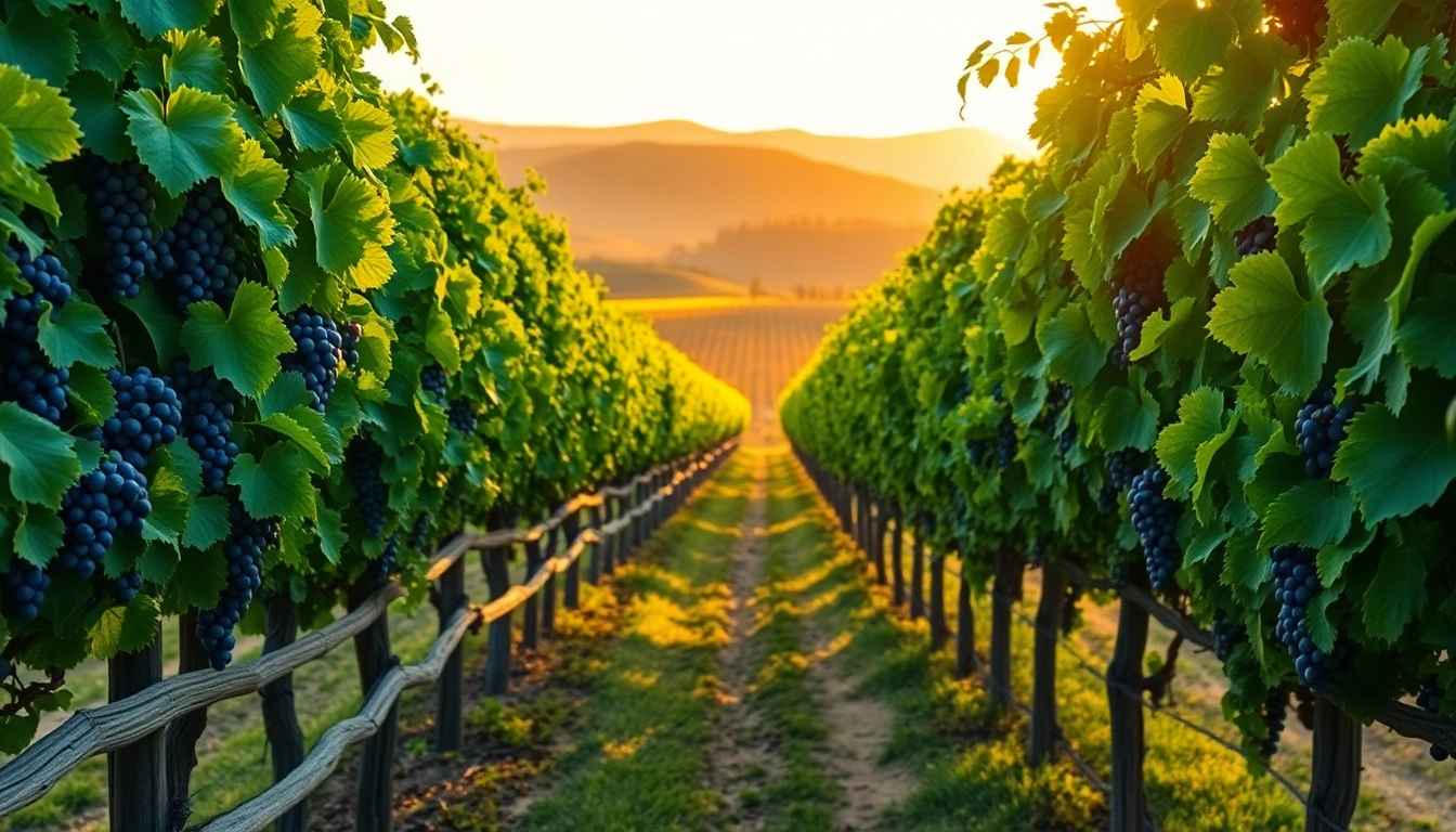 Discover the beauty of wineries in Clarksburg with lush vineyards and rolling hills under golden sunlight.
