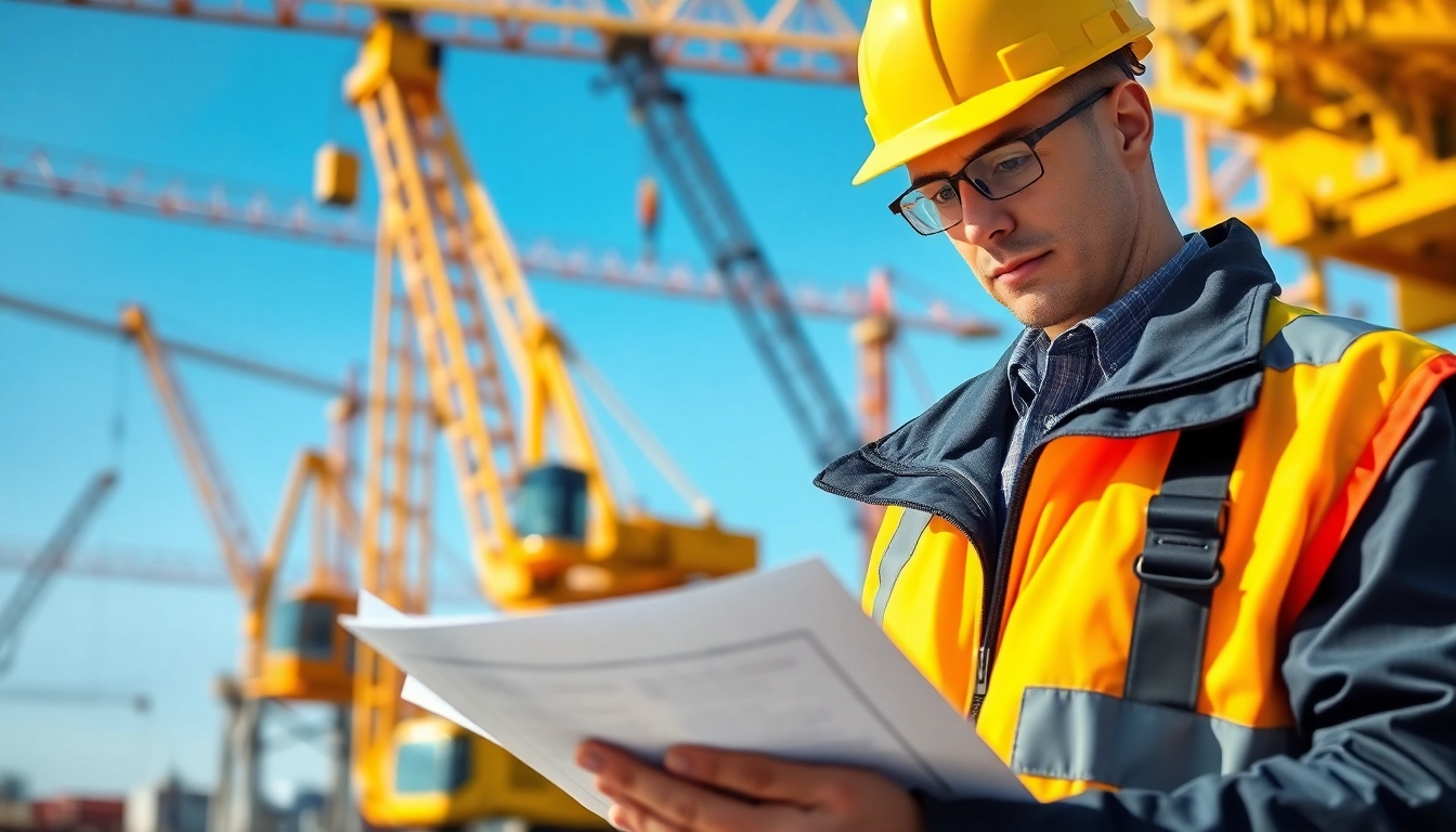 Reviewing NVQ Level 4 Crane supervisor answers at a construction site for safety and compliance.