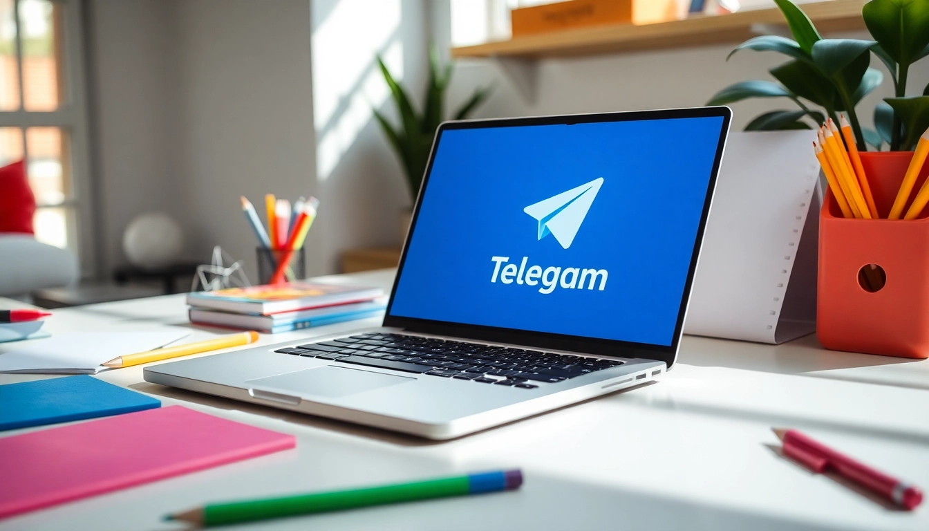 Using Telegram電腦版 on a modern laptop in a bright workspace with colorful stationery.