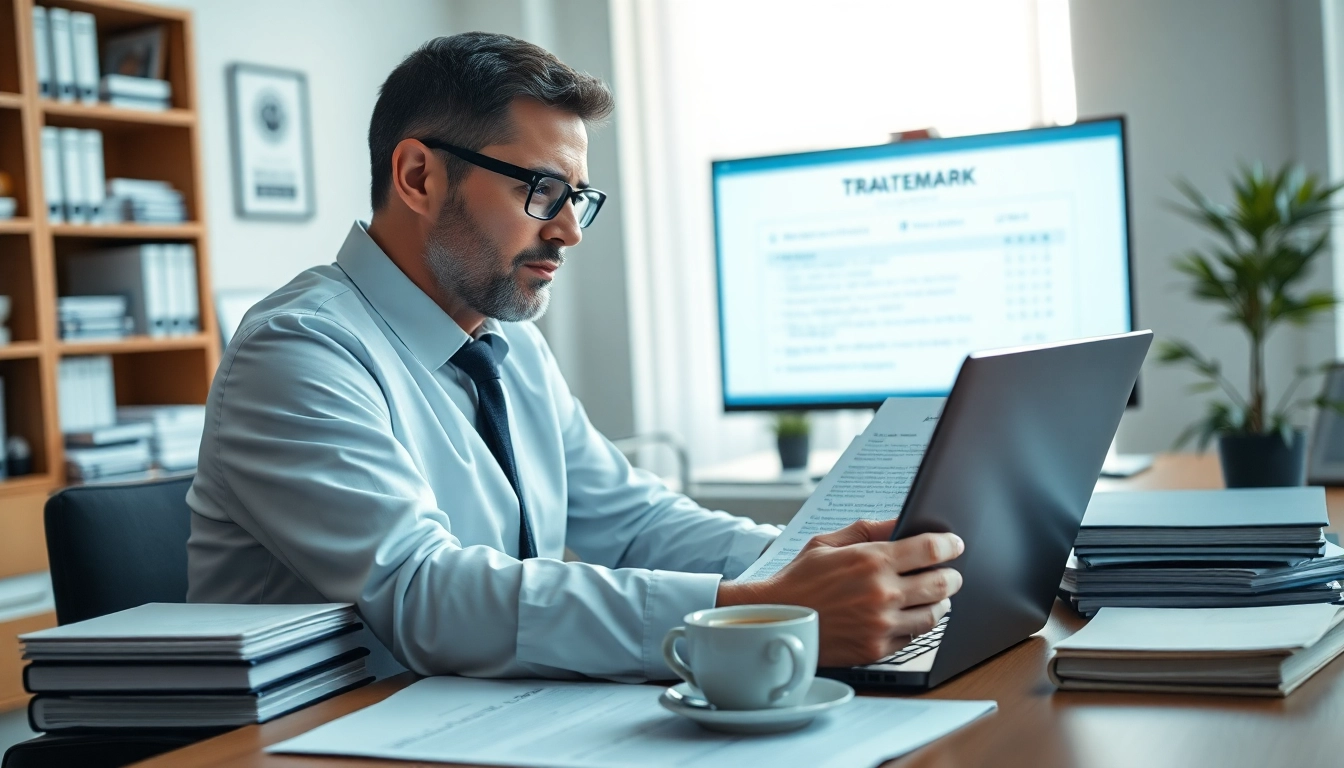 Reviewing a trademark application with detailed legal documents in a professional setting.