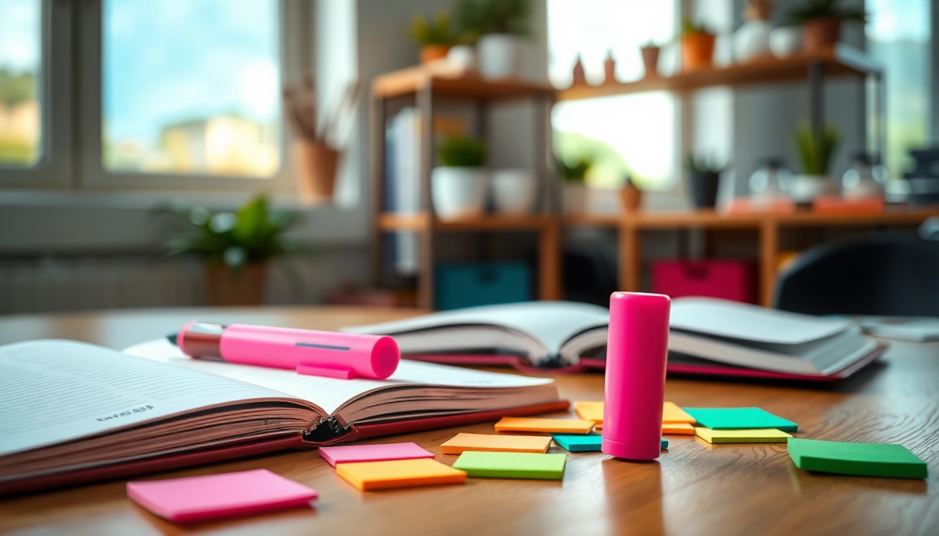 Highlighting text with a vibrant pink highlighter pen on a modern office desk.