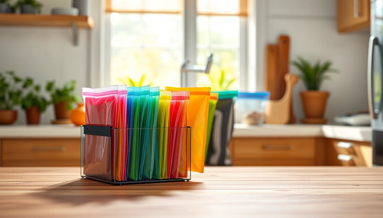 Organized Ziplock Bag Organizer showcasing colorful ziplock bags in a tidy kitchen setting.