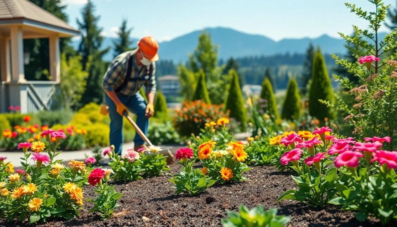 Landscaping contractor Coquitlam maintaining a beautiful garden with vibrant flowers.