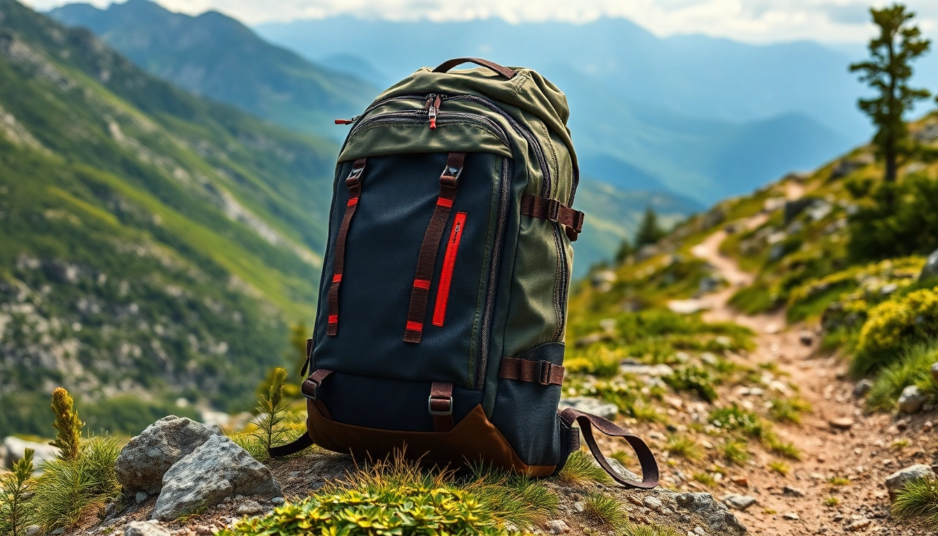 Rucksack kaufen im Vordergrund einer bergigen Landschaft mit natürlichem Licht und abenteuerlichem Flair.