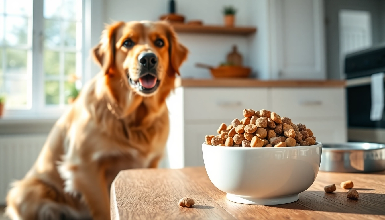 Dog happily eating badlands ranch dog food canada in a sunny kitchen, showcasing health and vitality.