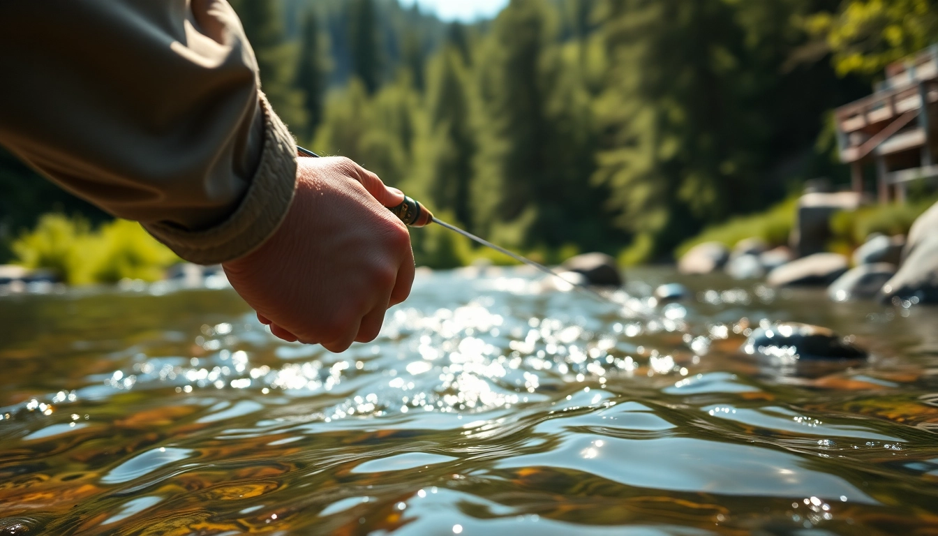 Fisherman skillfully casting a fly fishing line into a tranquil mountain stream.