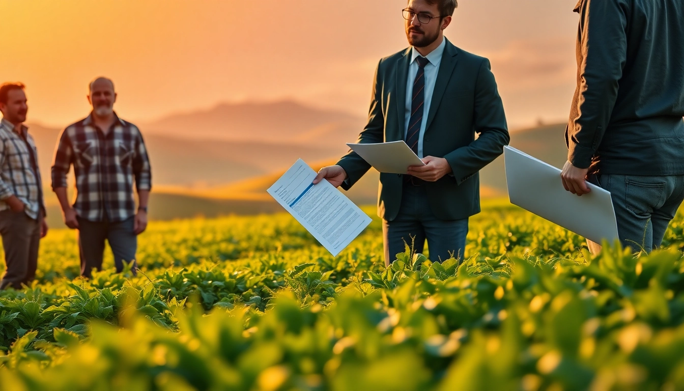 Collaborative discussion on agricultural law in a vibrant field with a legal expert and farmers.