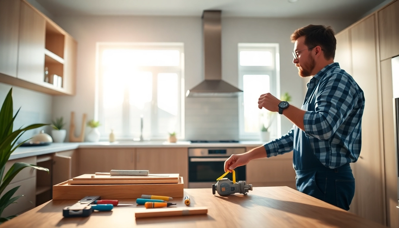 Showcase of renovation services with a contractor remodeling a kitchen, demonstrating expertise and skill.