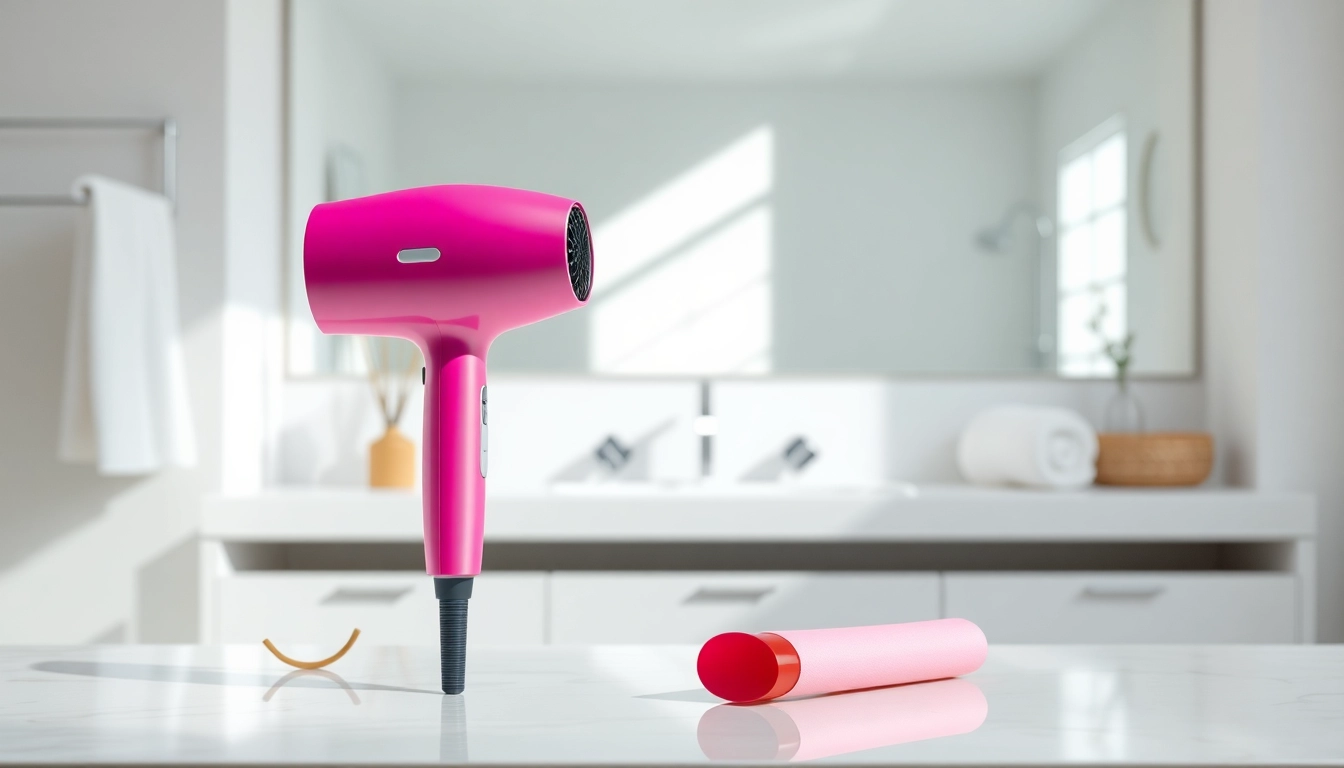 Stylish hair dryer on a vanity, showcasing vibrant colors and modern design.