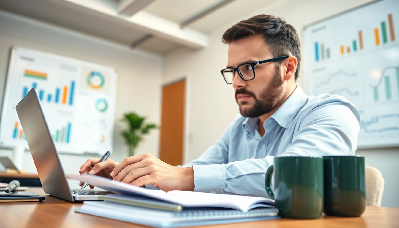 Purchasing consultant analyzing data in a modern office environment for effective decision-making.