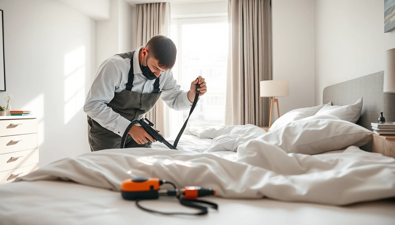 Implementing bed bug treatment by a professional in a bright and tidy bedroom.