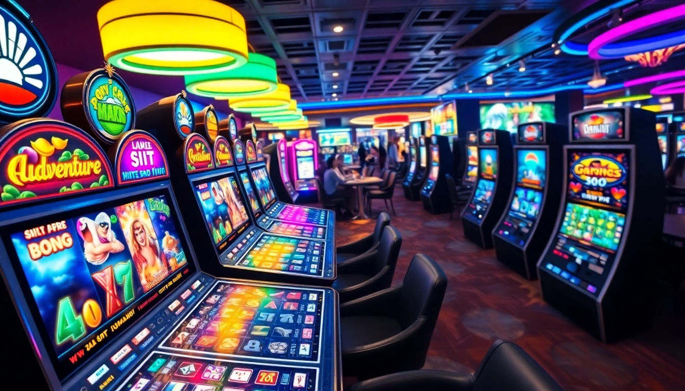 Bermain game slot dengan mesin slot berwarna-warni dalam suasana kasino yang meriah.