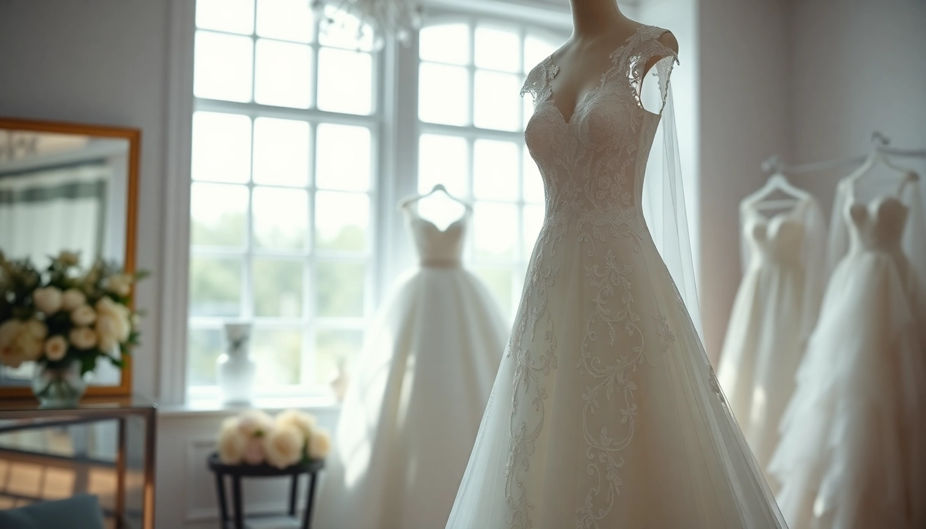 Showcase off the rack wedding dresses featuring elegant designs in a bright bridal boutique.