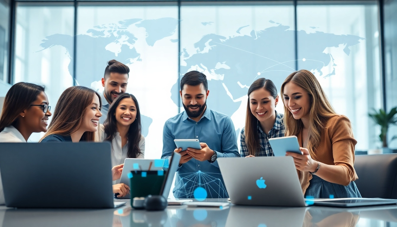 Engaging professionals collaborating on a digital global business directory at work.