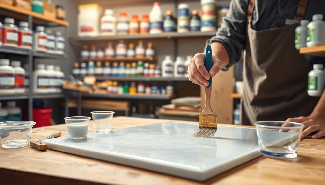 A craftsman applying laminating resin on fiberglass in a professional workshop setting.