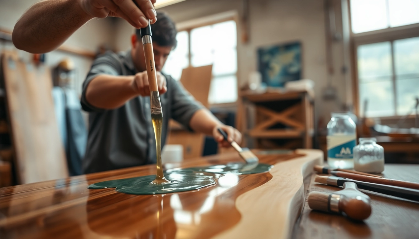 Laminating resin being applied in a workshop, showcasing craftsmanship and tools.
