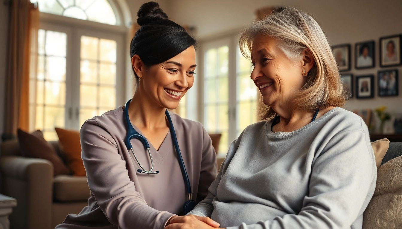 Providing in home care austin tx, a caregiver supports an elderly client in a cozy living room.