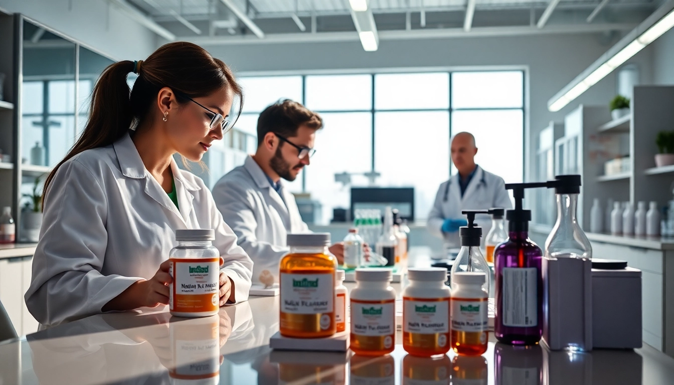 Engaging professionals at https://newimage.world/ innovatively developing nutritional products in a bright lab.