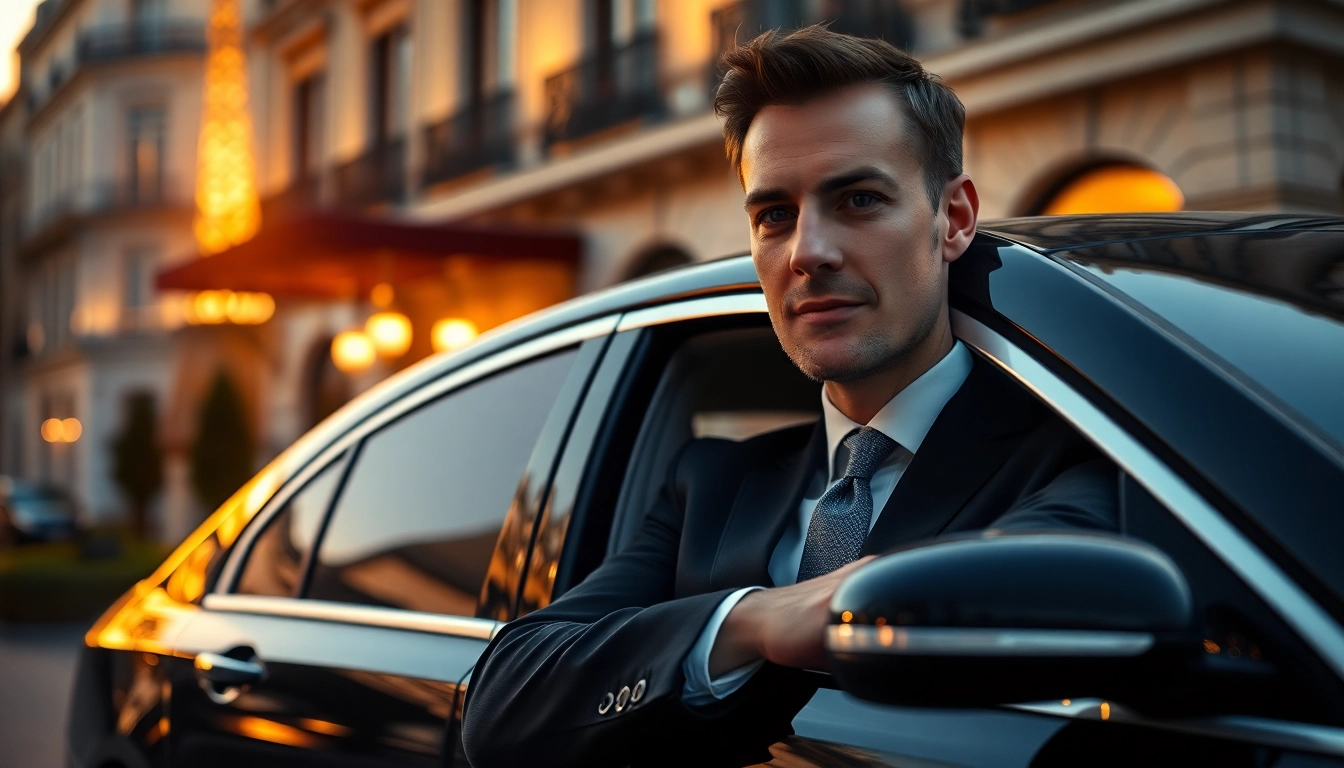 Chauffeur privé attendant à un hôtel de luxe à Paris, incarnant l'élégance et le professionnalisme.