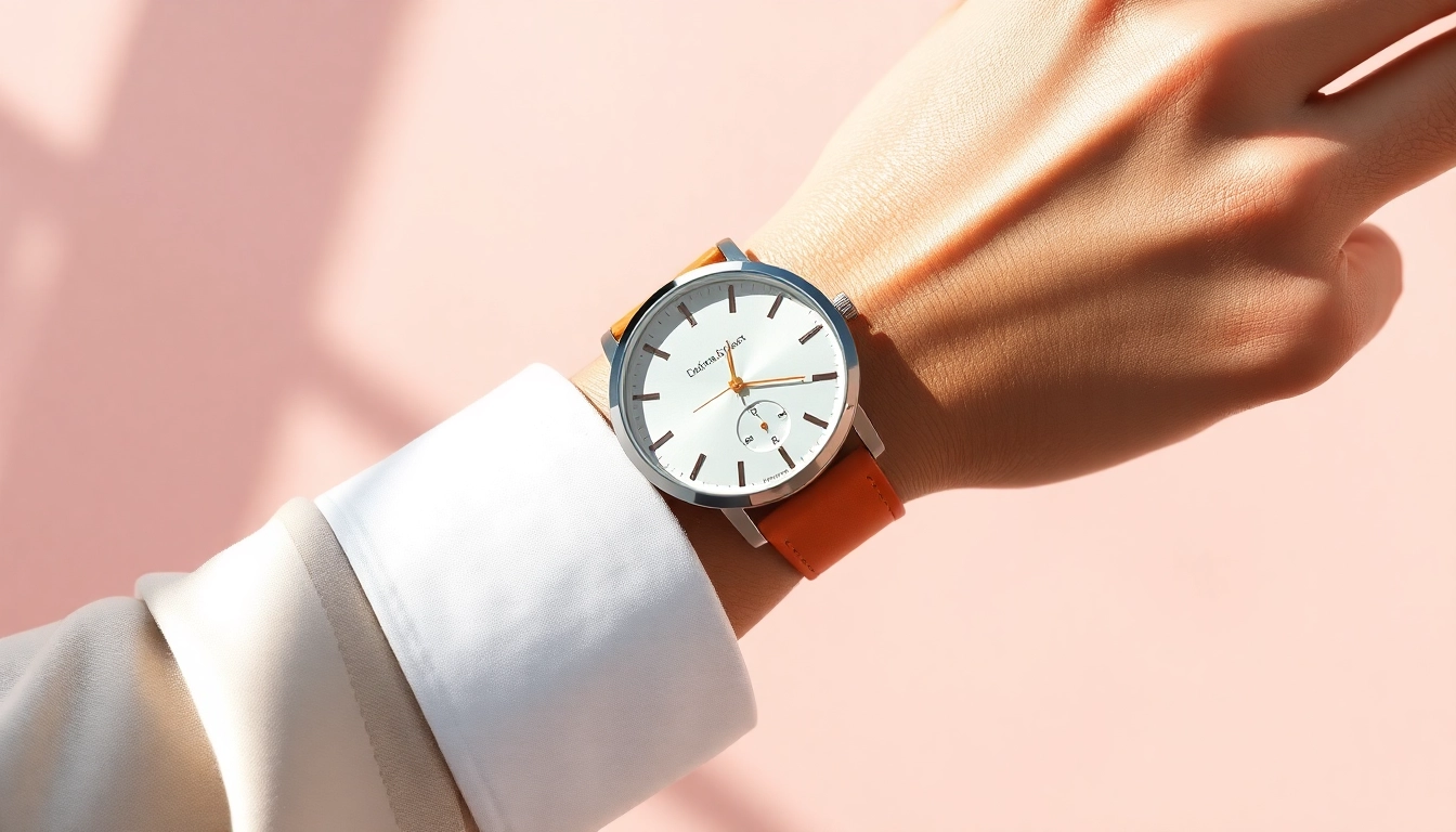 Elegante Damen Armbanduhr auf Handgelenk, stilvoll präsentiert in sanfter Umgebung.