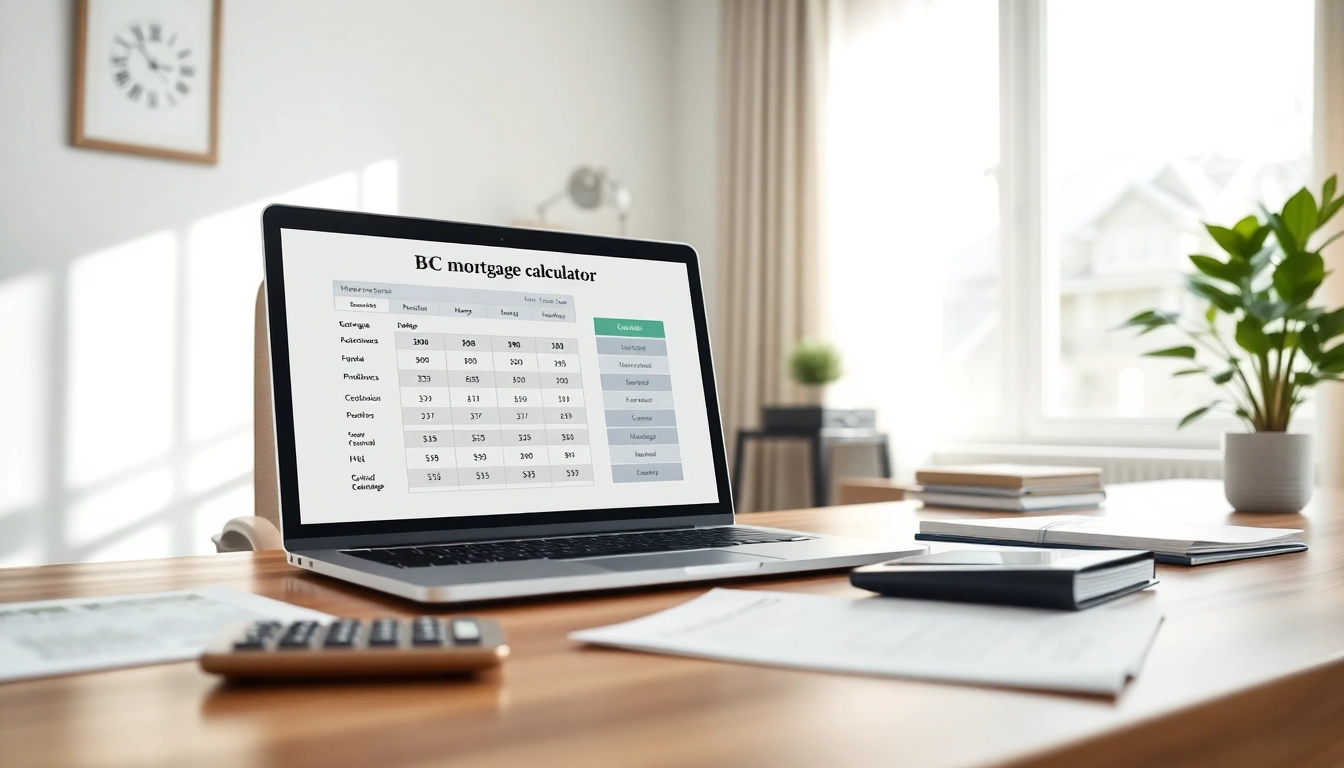 Calculate your monthly payments effectively with the BC Mortgage Calculator interface in a modern office.