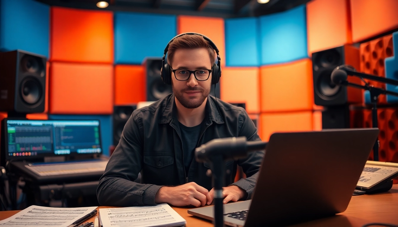 Engaging in music pitching at a vibrant studio with professional equipment
