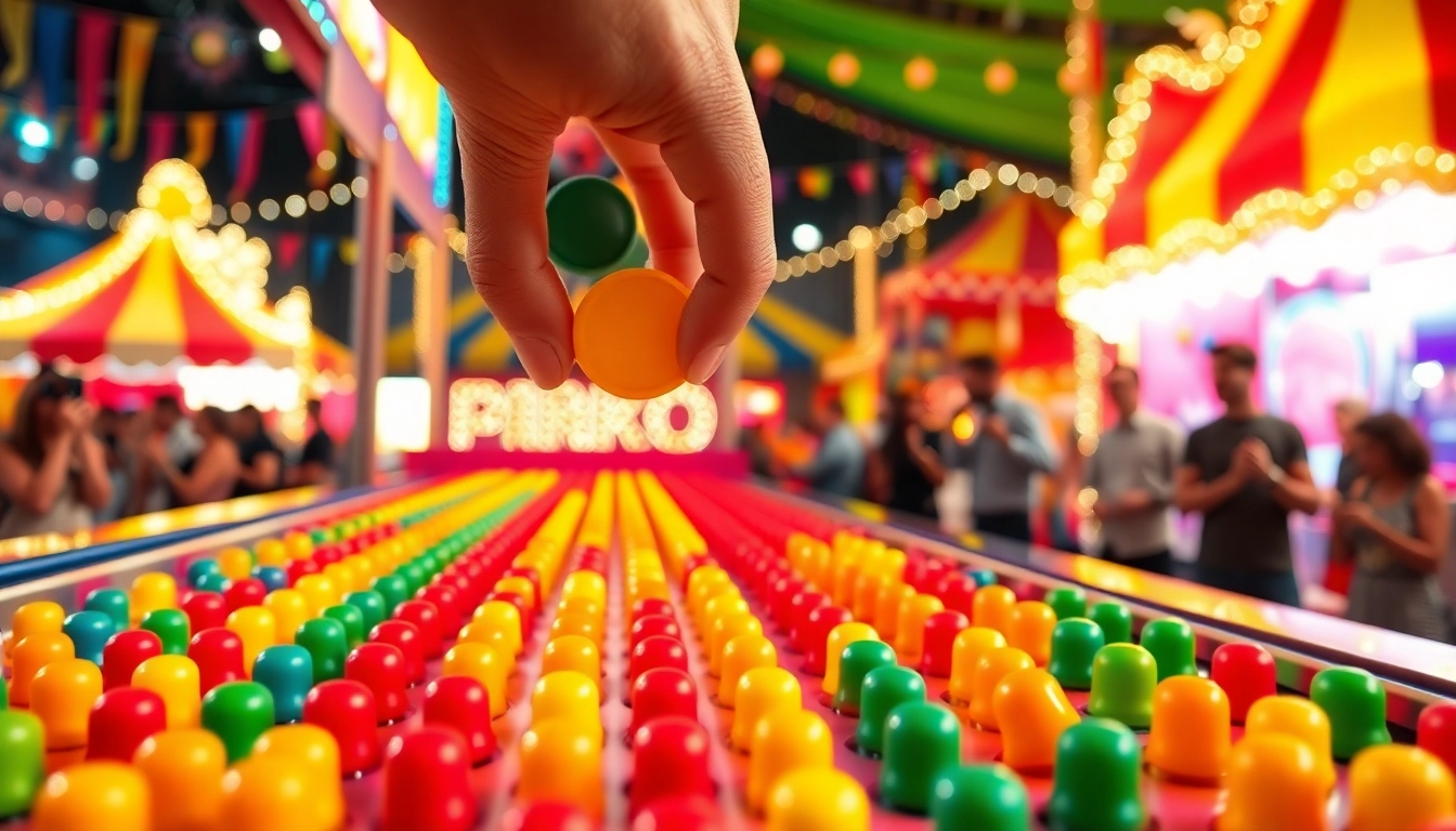 Mainkan plinko dengan chip kuning yang jatuh di papan penuh pin berwarna-warni