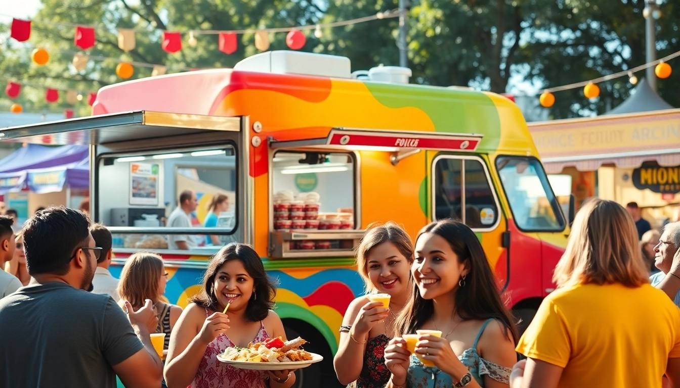 Enjoying delicious food truck meals at a lively street fair with diverse customers.