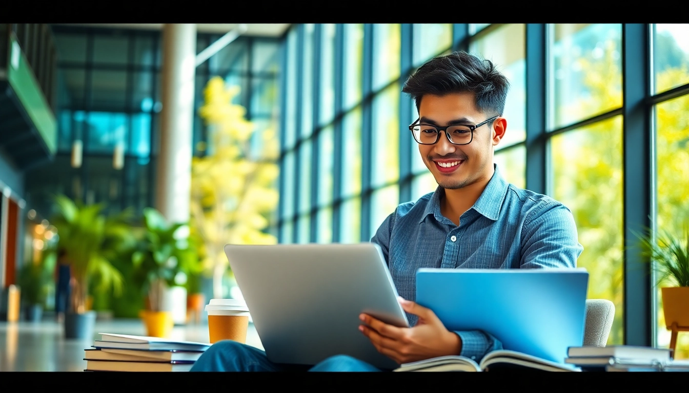 Engaged international student studying in a vibrant university environment with textbooks and a laptop.