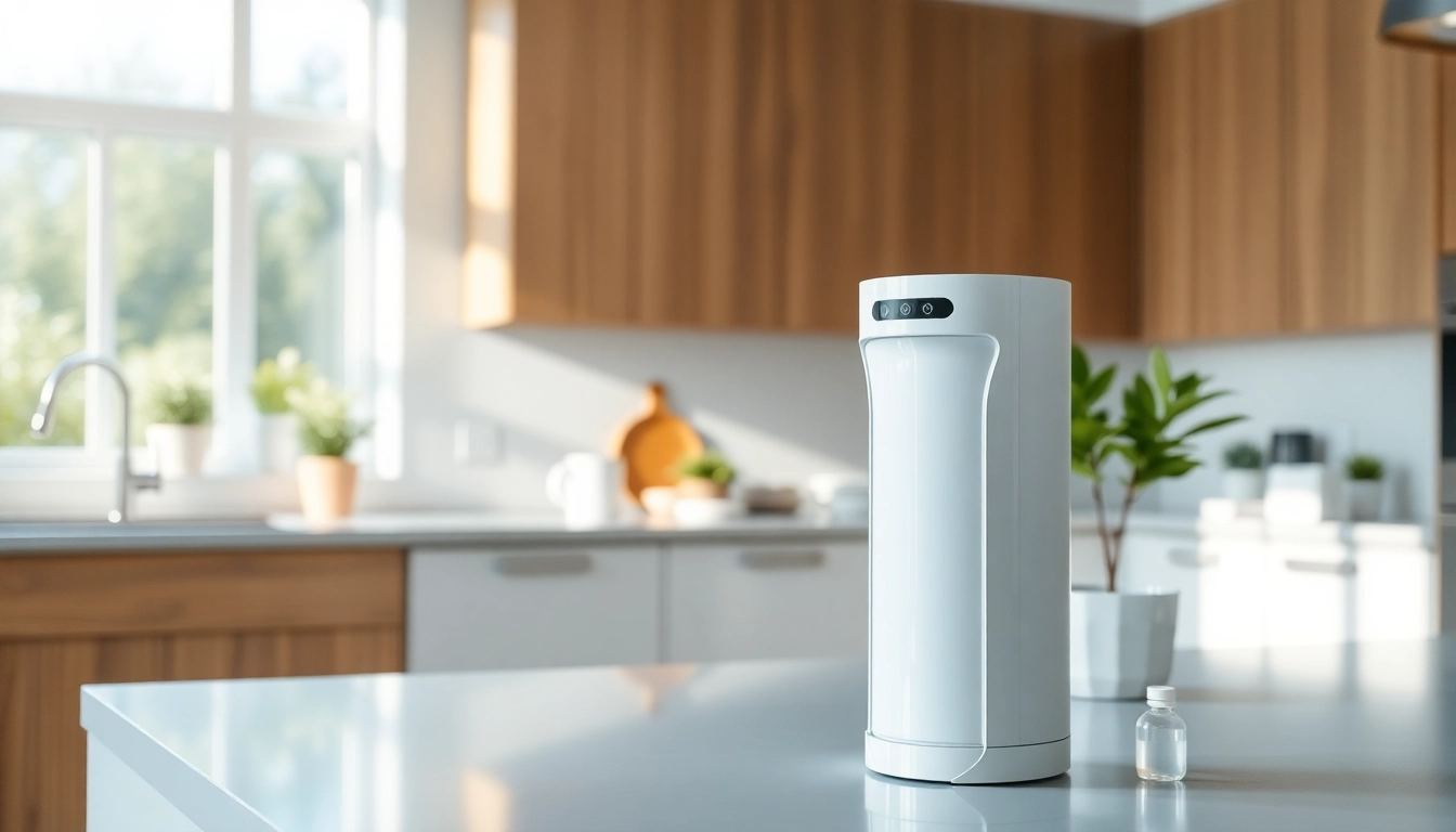 Showcase of a water filtration system for home in a bright kitchen environment with modern design and natural light.