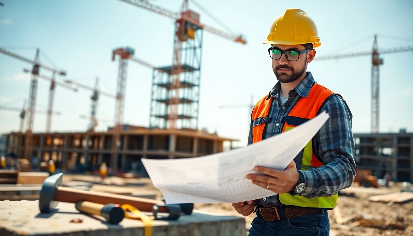 Learn about careers in construction by visualizing a skilled worker examining plans at a bustling job site.