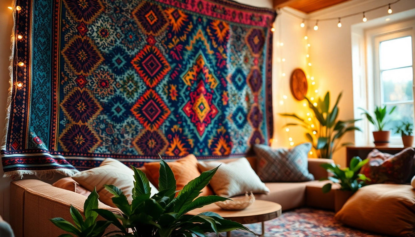 Showcase of boho wall art tapestry with colorful patterns and cozy decor elements