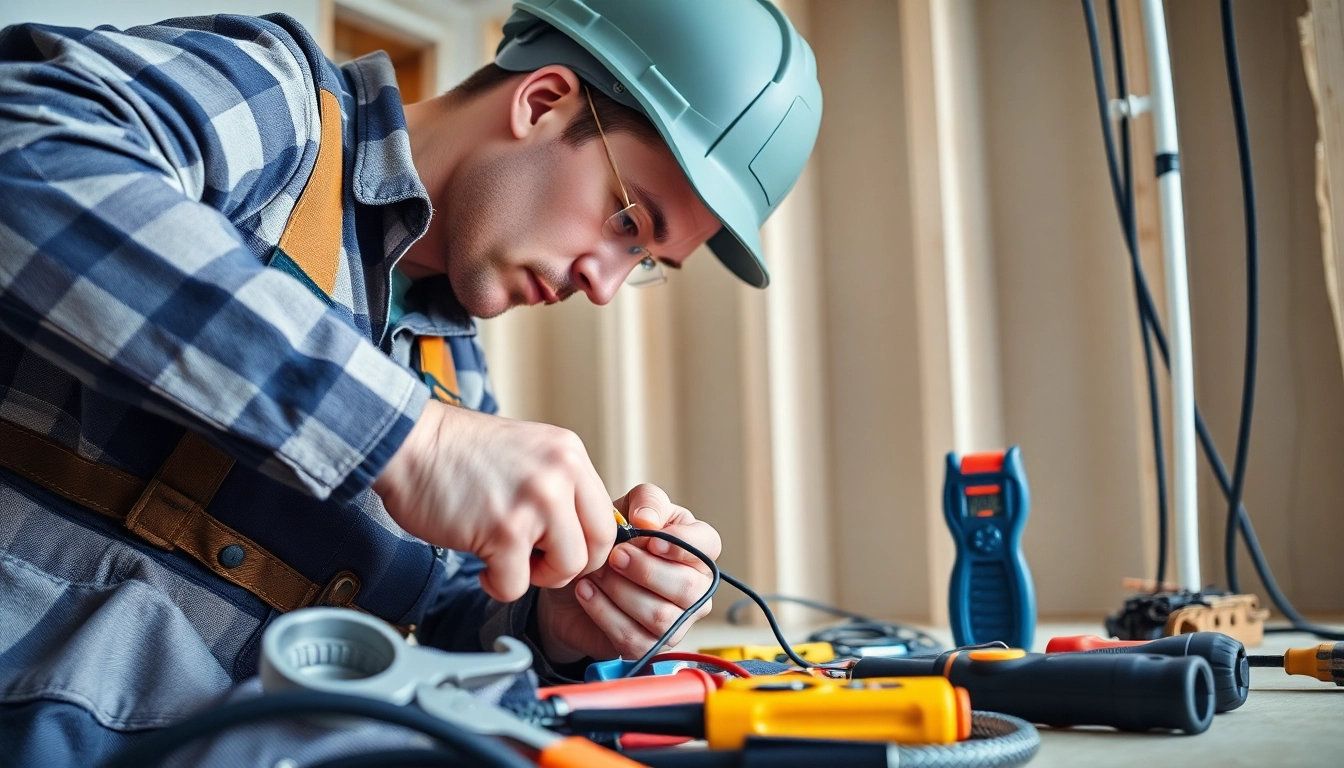 Electrician connecting electrical wiring in a modern home setting while using professional tools.