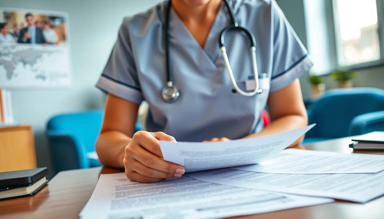 Analyze licensing requirements with Alabama Board of Nursing paperwork in professional office.