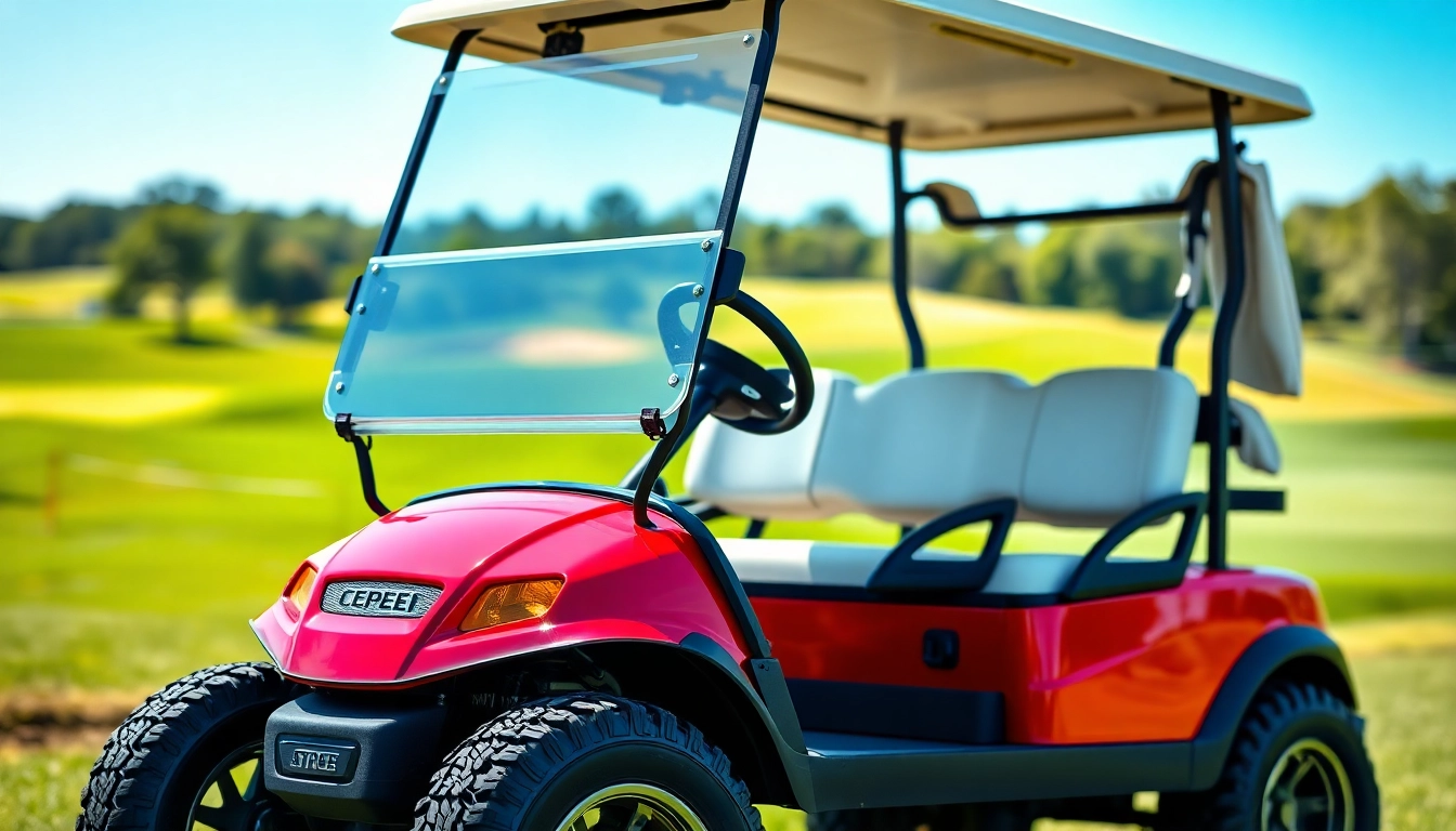 Stylish golf cart accessories enhancing a vibrant golf cart on a scenic course.
