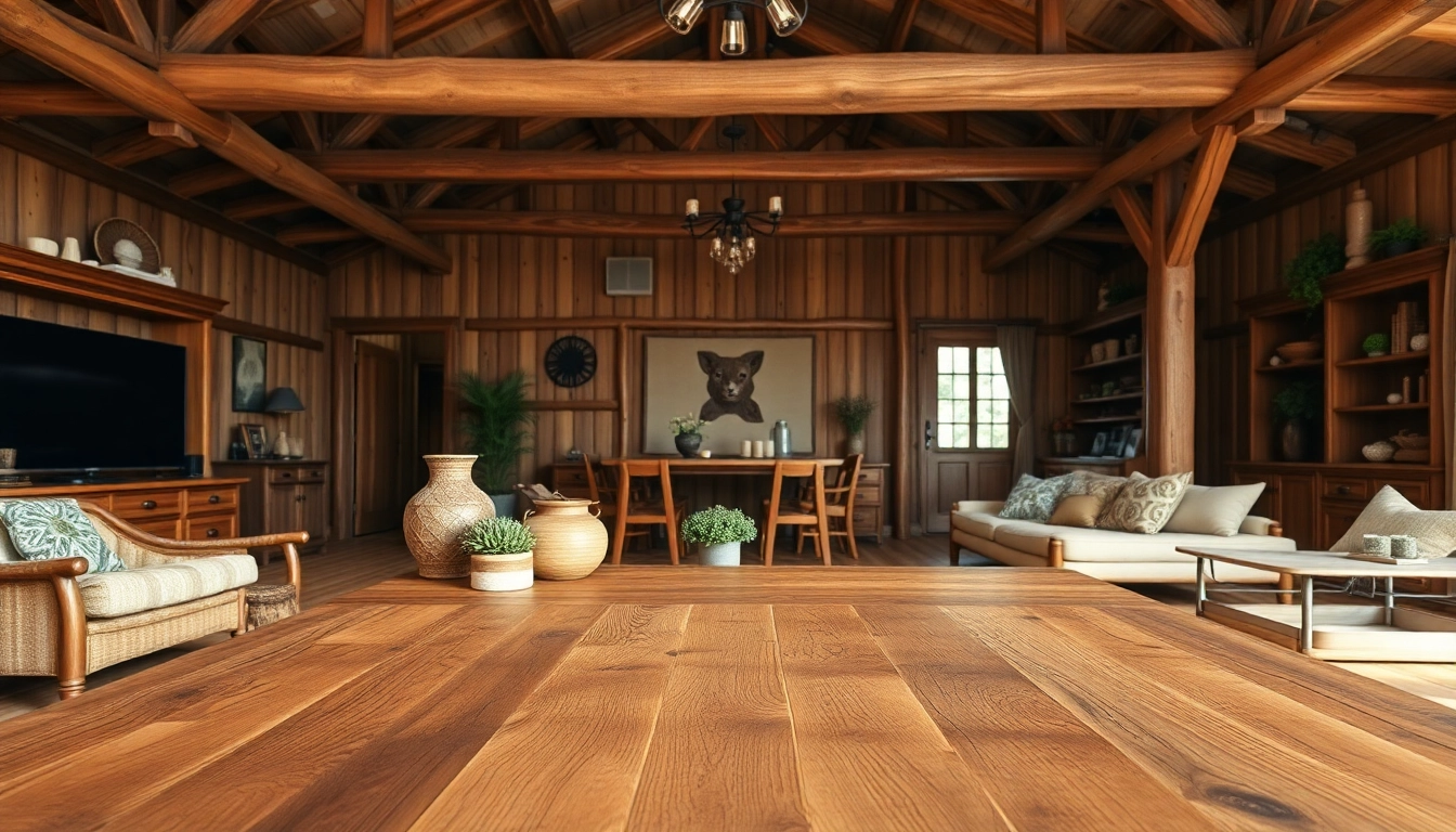 Houten interieurs van Woodstyl met warmereugtlijke meubelstukken en decoratieve elementen.