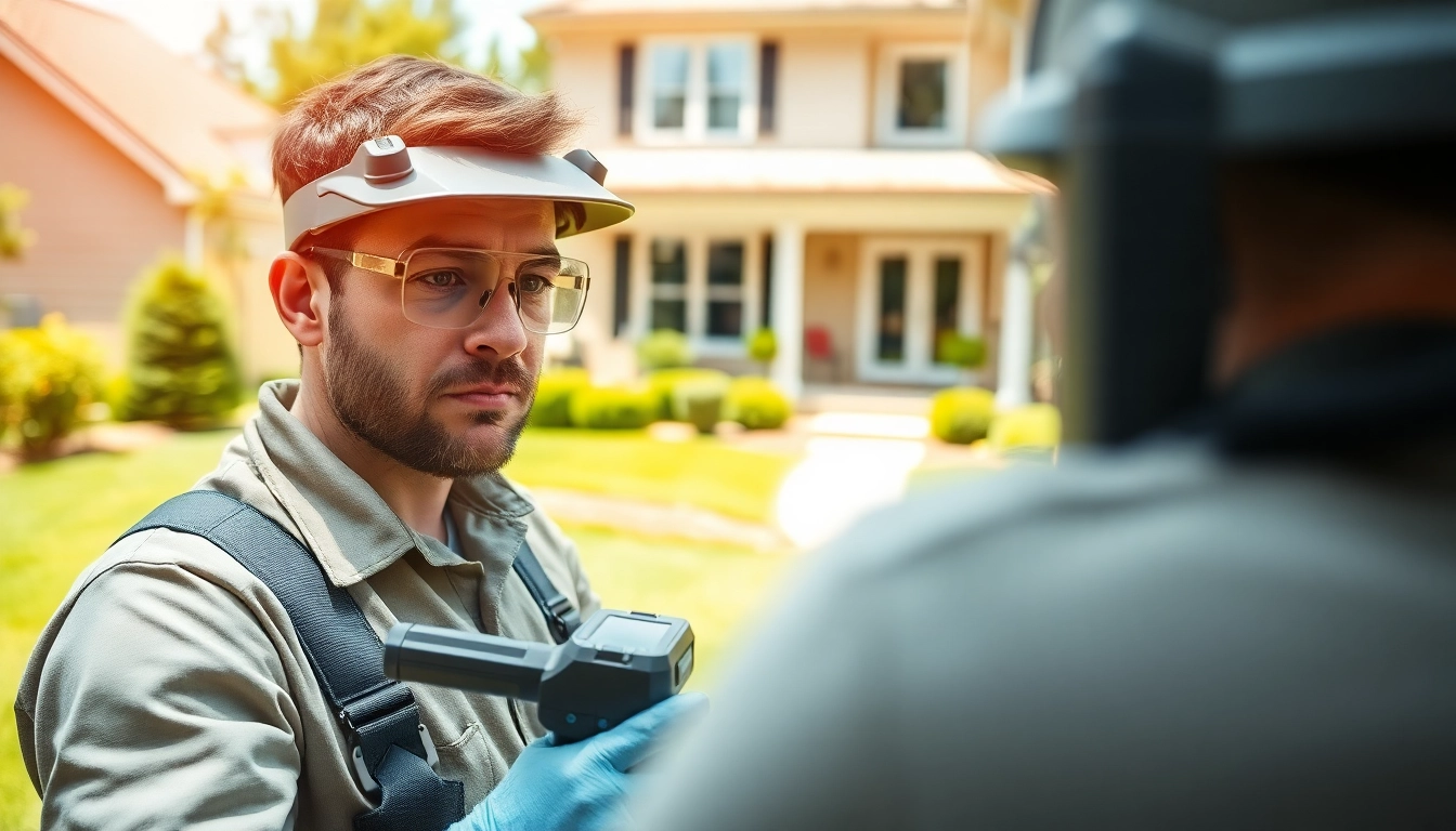 Inspecting with The Exterminators Pest cpntrol, a technician checks for pests in a suburban home.
